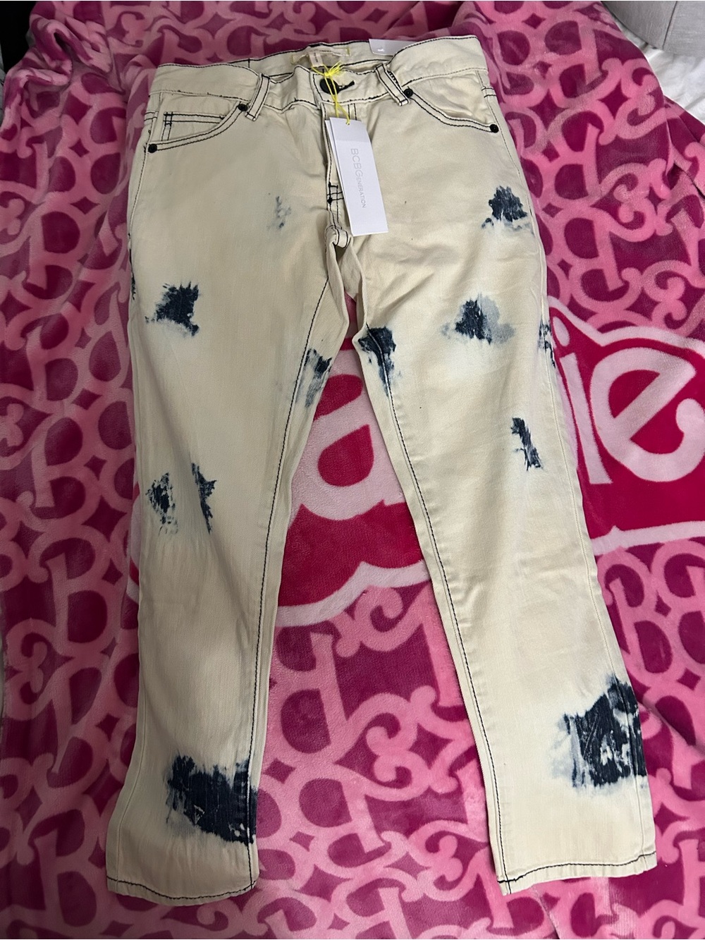 BCBGeneration Cream Jeans with Navy Distressed Tie-Dye Accents